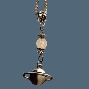 Planet Saturn Charm Necklace 26 Inch Chain Space Theme Silver Metal Astronomy